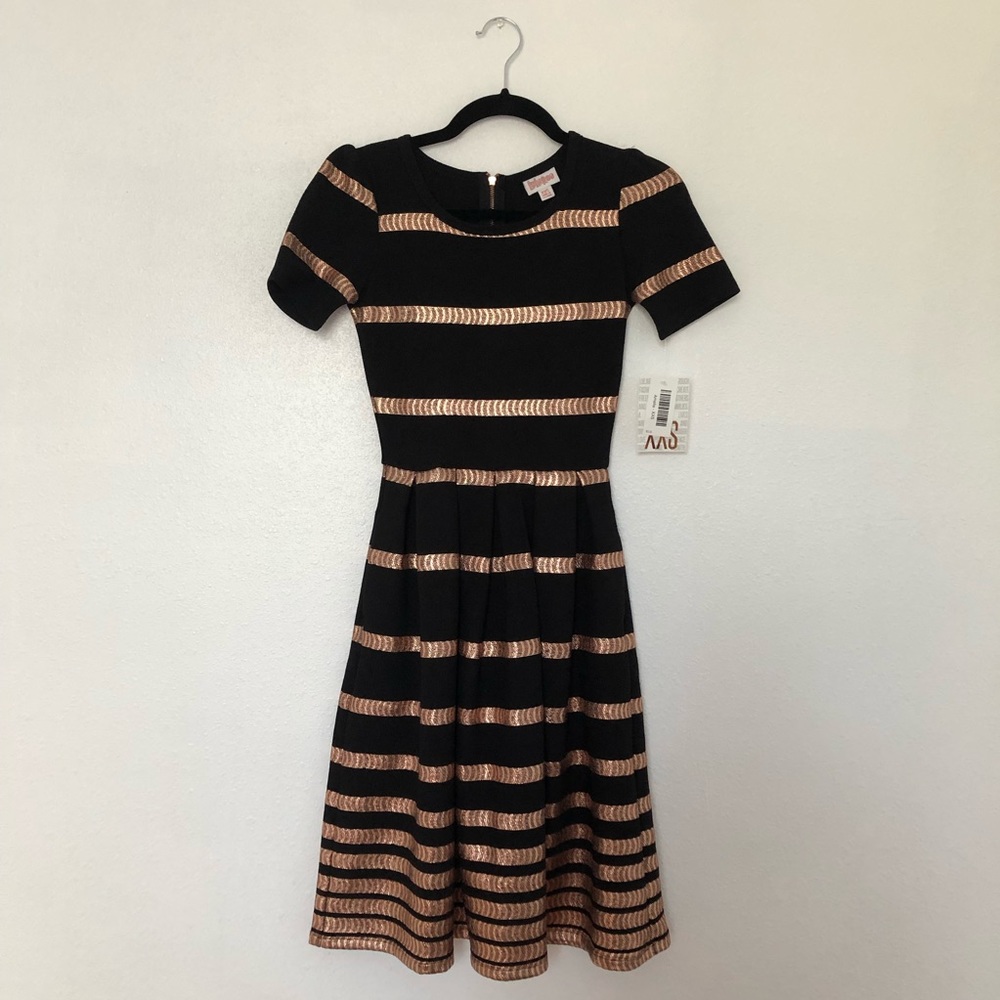 LuLaRoe Black Midi Dress with Gold Stripes